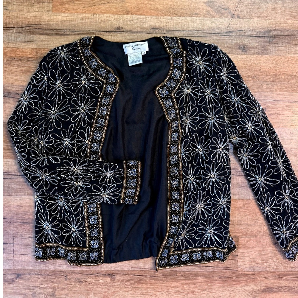 Vintage Art Deco Flapper Evening Jacket Black Silk Beaded Floral Daisy Glam